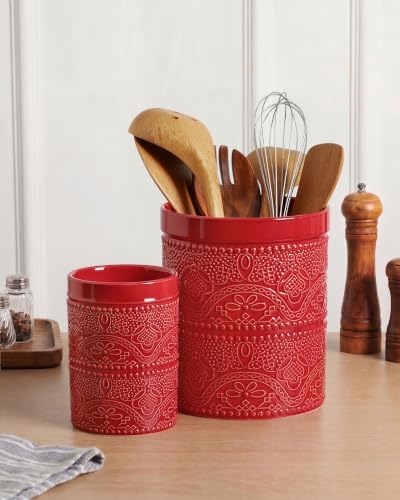 FUN ELEMENTS Kitchen Utensil Holder, 7.2+5.5" Super Large Utensil Crock Heavy and Stable Lace Emboss Ceramic Utensil Holder for Kitchen Counter (2Pcs Christmas Red)