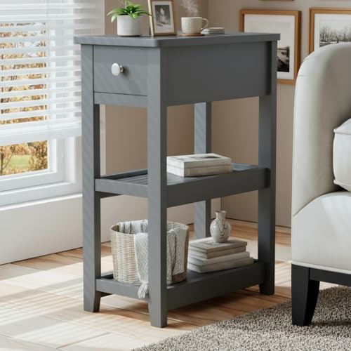 SEJOV Narrow Side Table, Small Grey End Table with Drawer and 2 Shelves
