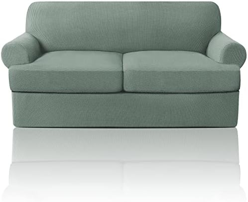 PrinceDeco T Cushion Loveseat Slipcover 3 Pieces Sofa Covers for T Cushion Sofa Stretch Slip Covers for 2 Cushion Couch with 2 Individual T Shape Seat Covers Width Up to 76"- Washable, Sage