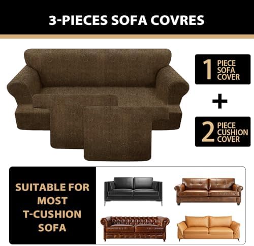 3 Pieces Sofa Covers fot T Cushion Loveseat Slipcover, Sofa Stretch Slip Covers for 2 Cushion Couch with 2 Individual T Shape Seat Covers (Chocolate, 2 Cushion)