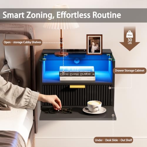 Modern Floating Nightstand Set of 2 with Charging Station & Light (Black)