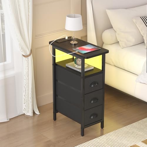 shtmec Narrow End Table Set of 2 with Charging Station, LED Side Tables Set 2 with Fabric Drawers, Small Bedside Tables Nightstands for Small Space, Slim Sofa Couch Table for Livingroom,Black