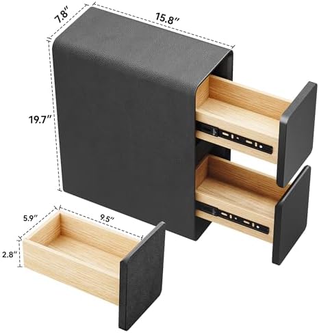 7.8" W Leather Narrow Nightstand Set of 2, Modern Fully-Assembled Bedside Table with 2 Drawers, White Night Stand Small Accent End Table & Side Table for Bedroom, Black