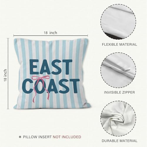 Blue East Coast Beach Throw Pillow Cover 18x18, Pink Bow Preppy Beach Decorative Pillow Covers for Girls Room Dorm Apartment, Coastal Beachy Striped Accent Pillows Cover Pillowcases
