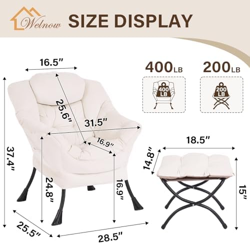 Welnow Lazy Chair with Ottoman, Reading Chair with Footrest, Off‑White