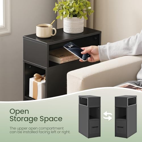 CHOEZON Narrow Side Table, 7.9" Small Nightstand with Drawer, Skinny Bedside Table, for Small Spaces, Flexible Open Compartment, for Bedroom, Living Room, Black MBZ11BB