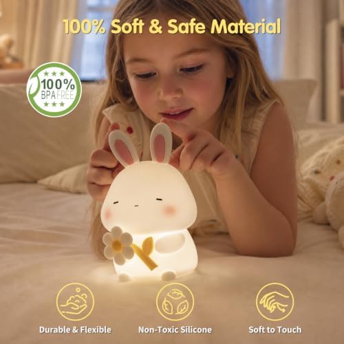 Bunny Night Light for Kids, Cute Silicone Squishy Rabbit Lamp Gift