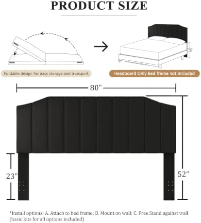 Furpopup Velvet King Size Headboard Only, Wall and Bed Frame Mount, Black