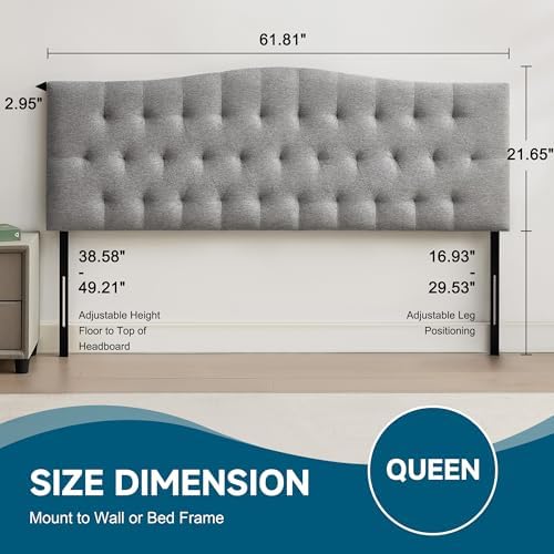 Tufted Upholstered Dorm Headboard Queen, Adjustable 38-50 in, Gray
