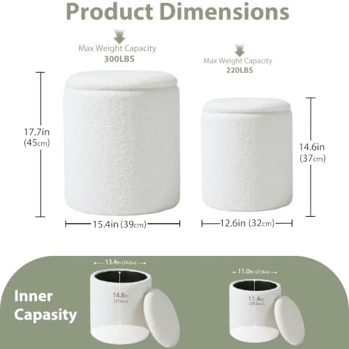 Royal Windsor Round Ottoman with Storage Set of 2, Storage Vanity Stool