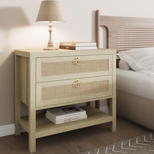 Eclatara Large Rattan Night Stand with 2 Drawers and Storage Shelf