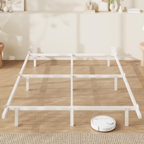 SHA CERLIN 7 Inch Metal Bed Frame, 9-Leg Box Spring Base, White, Full