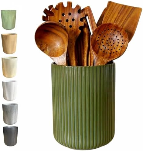 Large Stoneware Kitchen Utensil Holder for Kitchen Counter & Countertop Cooking Utensil Holder Spatula Holder Utensil Crock for Kitchen Counter Vertical Ribbed Fluted Stripe (Retro Green)