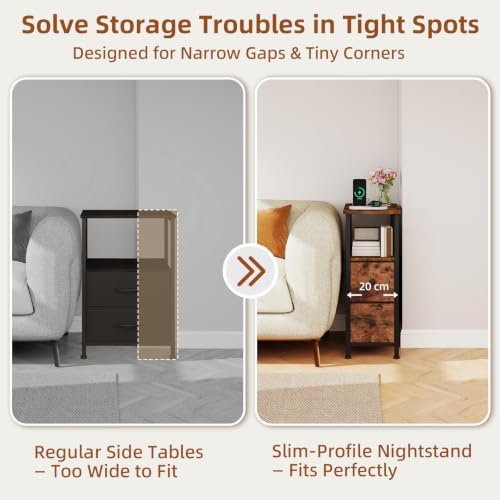 Somdot Narrow End Table Set of 2, Charging Station, Side Table, 2 Drawers