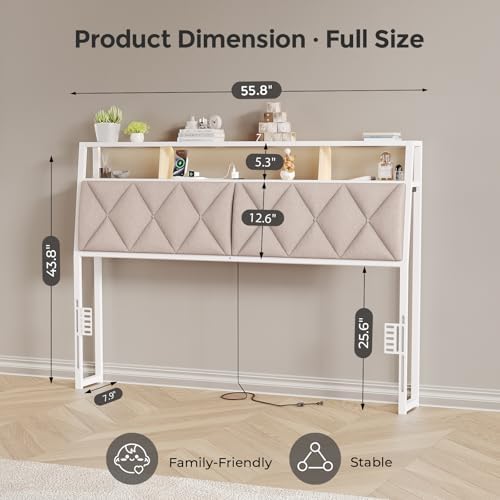 Headboard Full Size with Storage, Charging Station & Lights, White & Beige