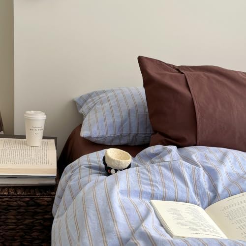 AOJIM Sky‑Blue & Warm‑Taupe Striped Duvet Cover Twin XL 3Pcs Retro Bedding