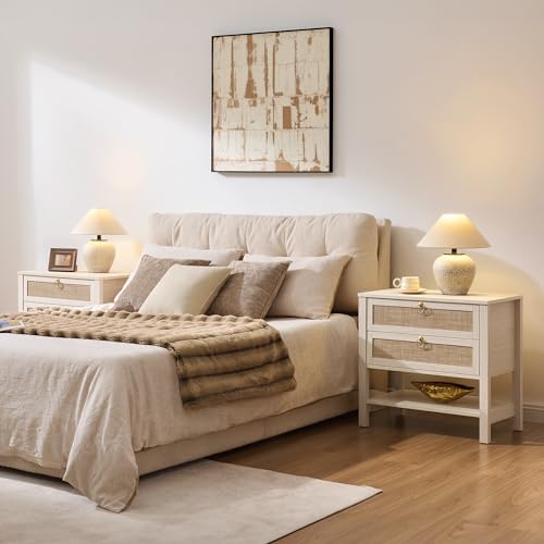 SICOTAS White Rattan Nightstand Set of 2, Wide Bedside Table with 2 Drawers