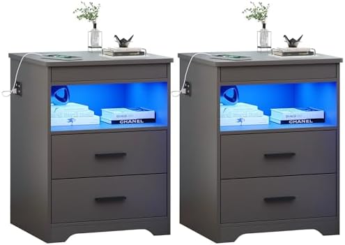 FREDEES LED Nightstand Set 2 with Gun Drawer & Charging Station