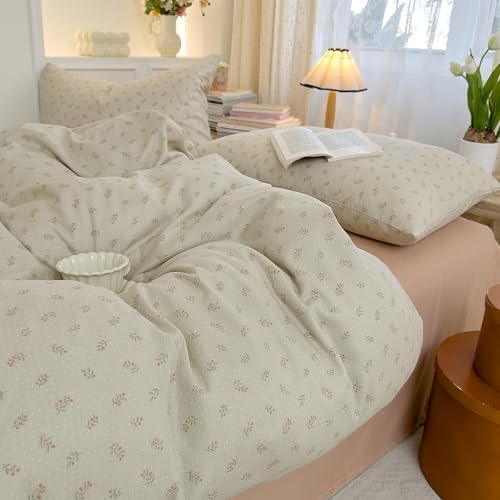 LifeTB Green Floral Duvet Cover Set Twin XL, Soft Cotton Gauze Duvet Cover with 2 Pillowcases, Vintage Botanical Floral Muslin Bedding Set, Aesthetic Flower Cottagecore Comforter Cover Twin XL