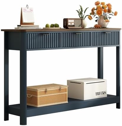 RUSTOWN Fluted Wood Console Table with 3 Drawers, 47.2" Boho Entryway Table