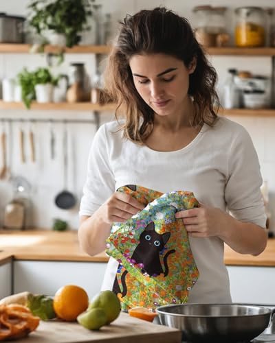 Miss Adola Cute Kitchen Towels Set of 2, 18 x 26 Inch, Black Cat Flower
