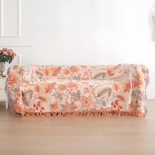 Boho Throw Blanket for Bed 100% Cotton Bohemian Blankets Ultra Soft Woven Muslin Decorative Blankets All Seasons Vintage Quilt Knitted Blanket for Sofa Chair(Orange, 90"x98")
