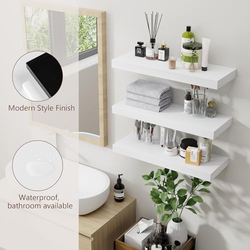 fuqing White Floating Shelves for Wall, 17 Inch Wood Wall Shelves Set of 3