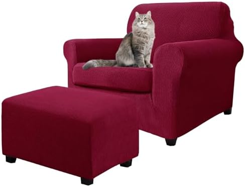 3 Piece Stretch Matching Chair and Ottoman Slipcover Set, Jacquard Arm Chair/Ottoman/Fitted Seat Covers, Non-Slip Accent Armchair and Foot Stool Slip Cover (Wine,3 Pieces Set)