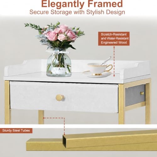 Gold Side Table, Narrow Side Table with Drawer, Gold & White