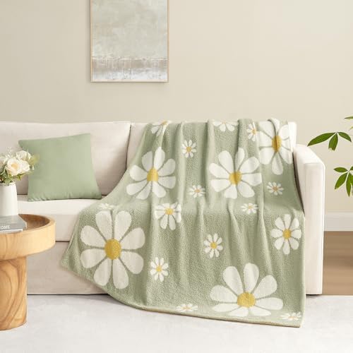 Snuggle Sac Spring Flower Throw Blanket for Couch, Fuzzy Microfiber Warm Winter Daisy Floral Blankets, Cute Throws for Girls Daughter Gifts, Flower Sage Green, 50x60 inches
