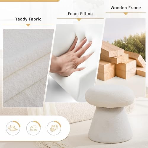 Cute Mushroom Ottoman Stool, Teddy Fleece 360° Swivel Vanity Stool