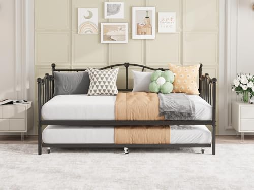 GarveeHome Twin Daybed with Trundle, Metal Sofa Bed Frame with Steel Slat Support, Twin Size Space-Saving Furniture for Living Room, Bedroom, Love Heart Design, No Box Spring Needed, Black