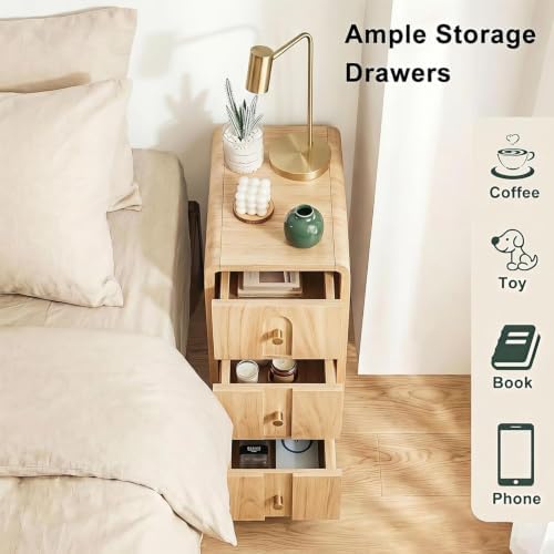 Narrow Nightstand Set of 2, Small Bedside Table with 3 Drawers, Mid Century Modern Skinny Nightstand with Storage, Wood Slim Side Table for Bedroom, Living Room (Natural-2pcs)