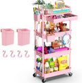 Goovilla 4 Tier Rolling Utility Cart Organizer with Removable Drawer, Pink