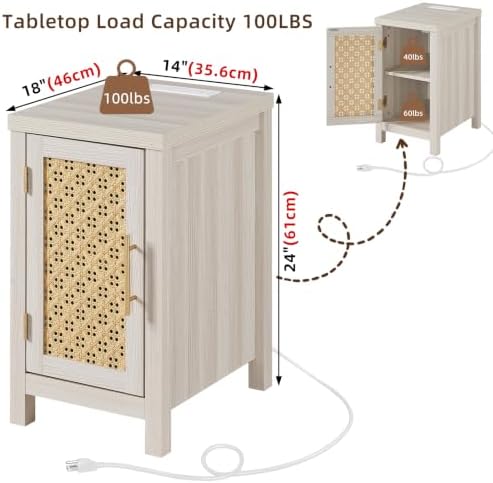 YUFAM Rattan Nightstand Set of 2 with Charging Station, Grey