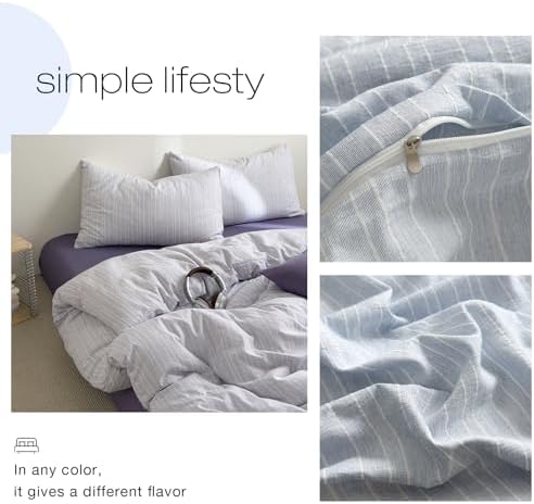 Vintage Lilac Striped Duvet Cover King 3Pcs Cottage Textured Bedding Set