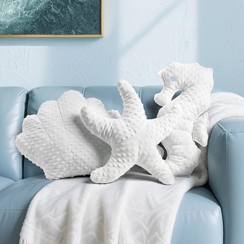 AELS Coastal Throw Pillows Set of 2, Shell Seahors Pillows, Beach Ocean Nautical Themed Smooth Soft Minky Decorative Throw Pillows, Cute Pillow for Couch Sofa Bed Living Room Bedroom Nursery, White