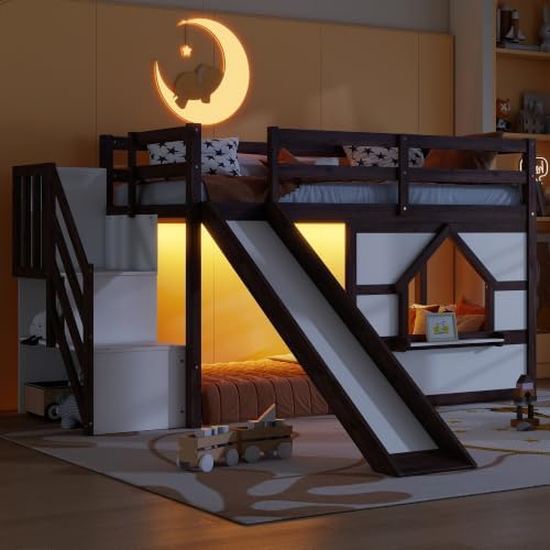 Bellemave Twin Low loft/bunk Bed with Slide and Storage Staircase LED for Kids,Wood Loft Beds,Walnut+White