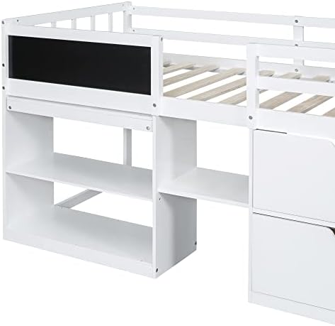 Bellemave Twin Size Low loft Bed for Kids,Wood Loft Beds,Modern Farmhouse Twin loft Bed,Loft Bed with Rolling Desk and Storage, Shelf and Drawers No Box Spring Needed,for Kids, White