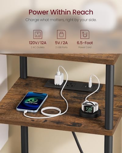 VASAGLE Side Table with Charging Station, 3-Tier Small Tall End Table