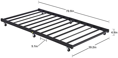 VECELO Twin Trundle Bed Frame Only/Roll Out/Enhanced & Up-Graded Metal Slats Support with Lockable Casters, Black