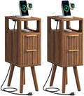Narrow Nightstand Set of 2 with Charging Station, Small Side Table, Walnut