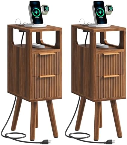 Narrow Nightstand Set of 2 with Charging Station, Small Side Table, Walnut