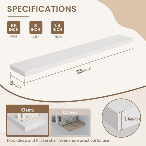 Dreamland 55 Inches Wall Mounted Wood Floating Shelves, White, 2 Pack