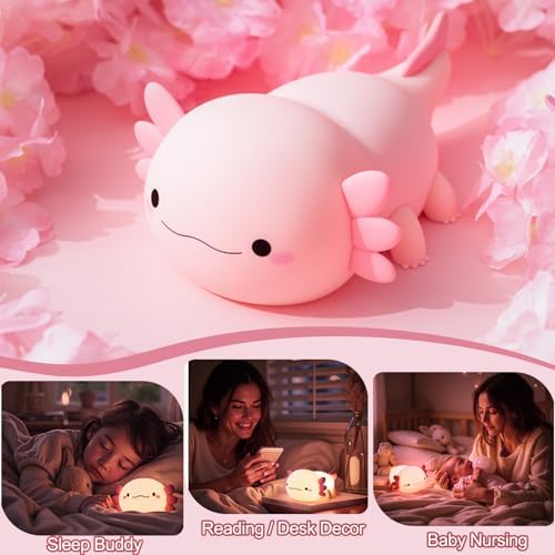 Axolotl Lamp, Axolotl Cute Night Light Gifts, Rechargeable Bedside Nightlight, Dimmable Squishy Silicone Animal Touch Lamp, Baby Room Decor, Pink Night Light for Kids Teens Girls Lovers