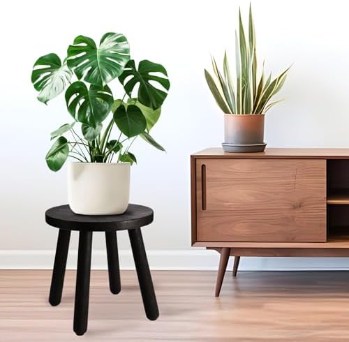 Round Solid Wooden Stool,Plant Stand,Step Stool,Black,11.8" H