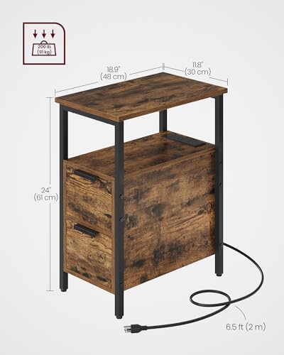 VASAGLE Side End Table with Charging Station, Slim Nightstand with Storage