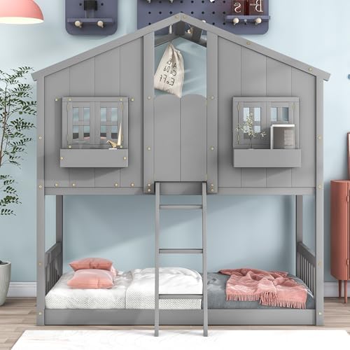 Twin Over Twin House Bunk Bed with Roof and Window, Gray