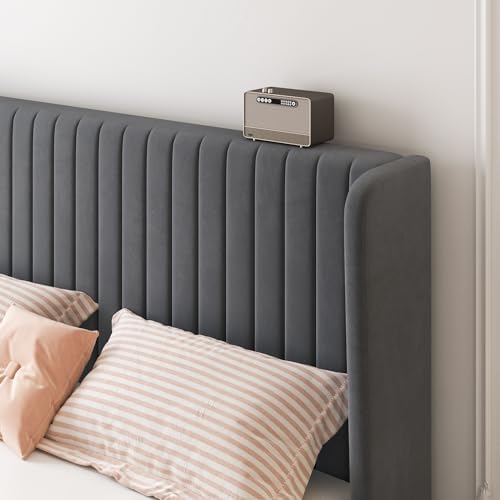 SHA CERLIN King Size Velvet Bed Frame, Tufted Wingback Headboard, Grey