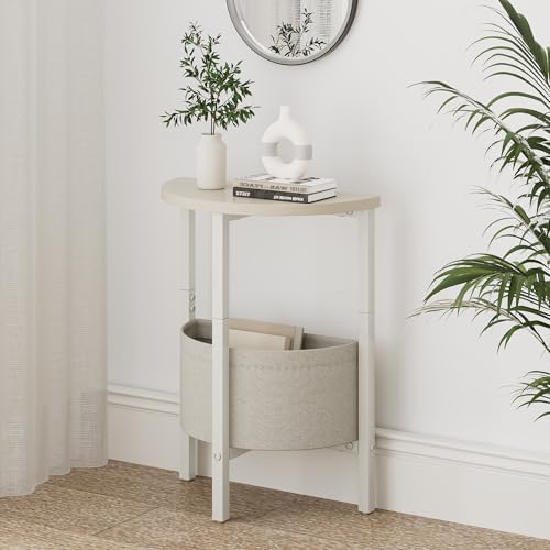 Vagusicc Small Round Side Table End Table, Tall Accent Table with Storage Basket, Set of 2 Half Round Tables Half Moon Tables, Coffee Bedside Tables, Modern Nightstand for Living Room Bedroom, Cream